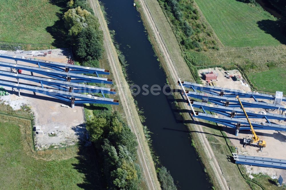 Aerial photograph Grabow - Highway- Construction site with earthworks along the route and of the route of the highway bridge Eldebruecke on federal- motorway BAB A14 in Fresenbruegge in the state Mecklenburg - Western Pomerania