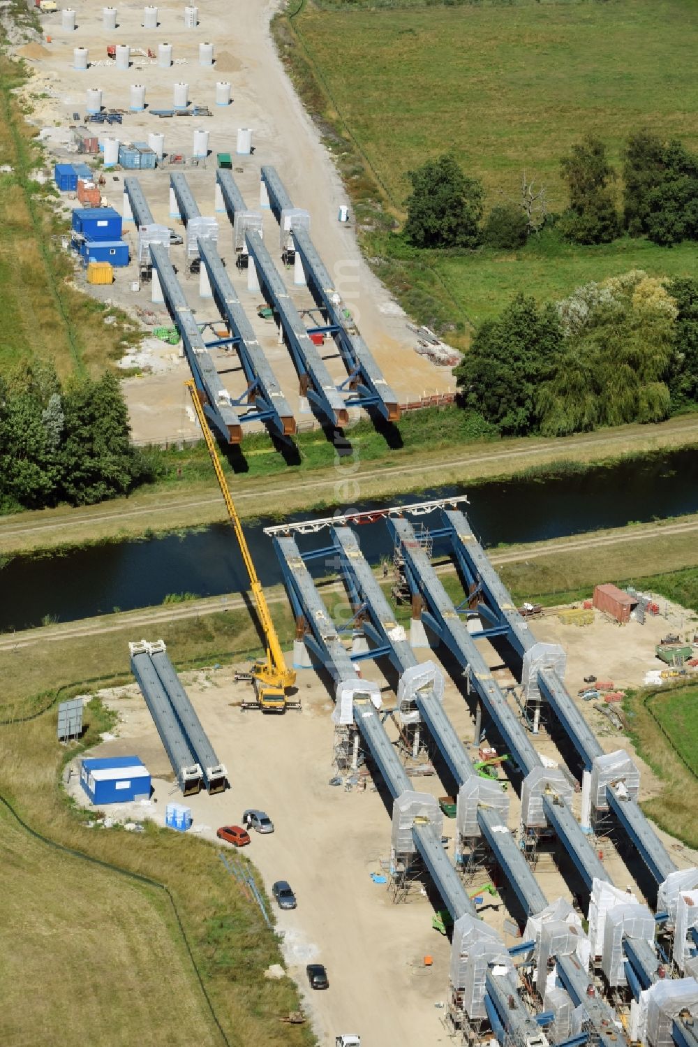 Grabow from above - Highway- Construction site with earthworks along the route and of the route of the highway bridge Eldebruecke on federal- motorway BAB A14 in Fresenbruegge in the state Mecklenburg - Western Pomerania