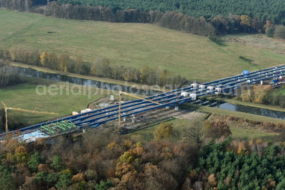 Grabow from the bird's eye view: Highway- Construction site with earthworks along the route and of the route of the highway bridge Eldebruecke on federal- motorway BAB A14 in Fresenbruegge in the state Mecklenburg - Western Pomerania