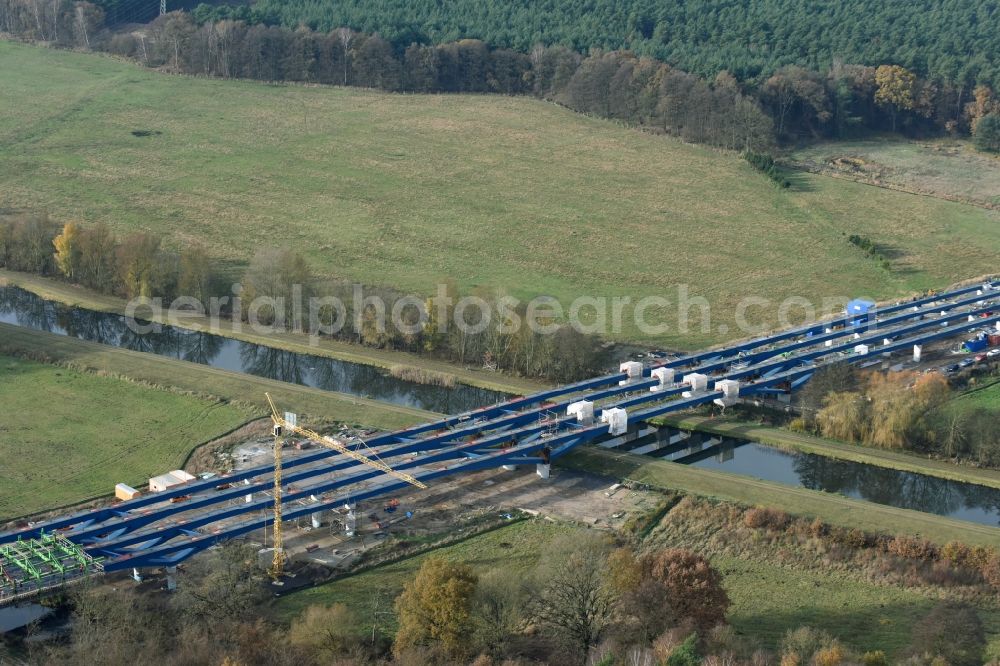 Aerial image Grabow - Highway- Construction site with earthworks along the route and of the route of the highway bridge Eldebruecke on federal- motorway BAB A14 in Fresenbruegge in the state Mecklenburg - Western Pomerania