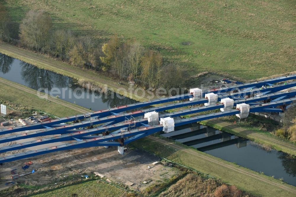 Aerial photograph Grabow - Highway- Construction site with earthworks along the route and of the route of the highway bridge Eldebruecke on federal- motorway BAB A14 in Fresenbruegge in the state Mecklenburg - Western Pomerania