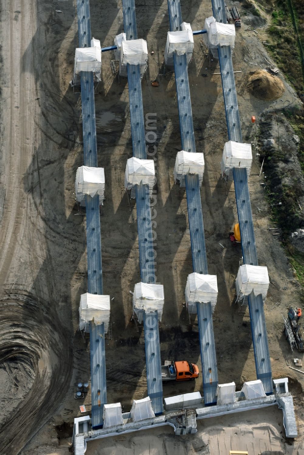 Aerial image Grabow - Highway- Construction site with earthworks along the route and of the route of the highway bridge Eldebruecke on federal- motorway BAB A14 in Fresenbruegge in the state Mecklenburg - Western Pomerania