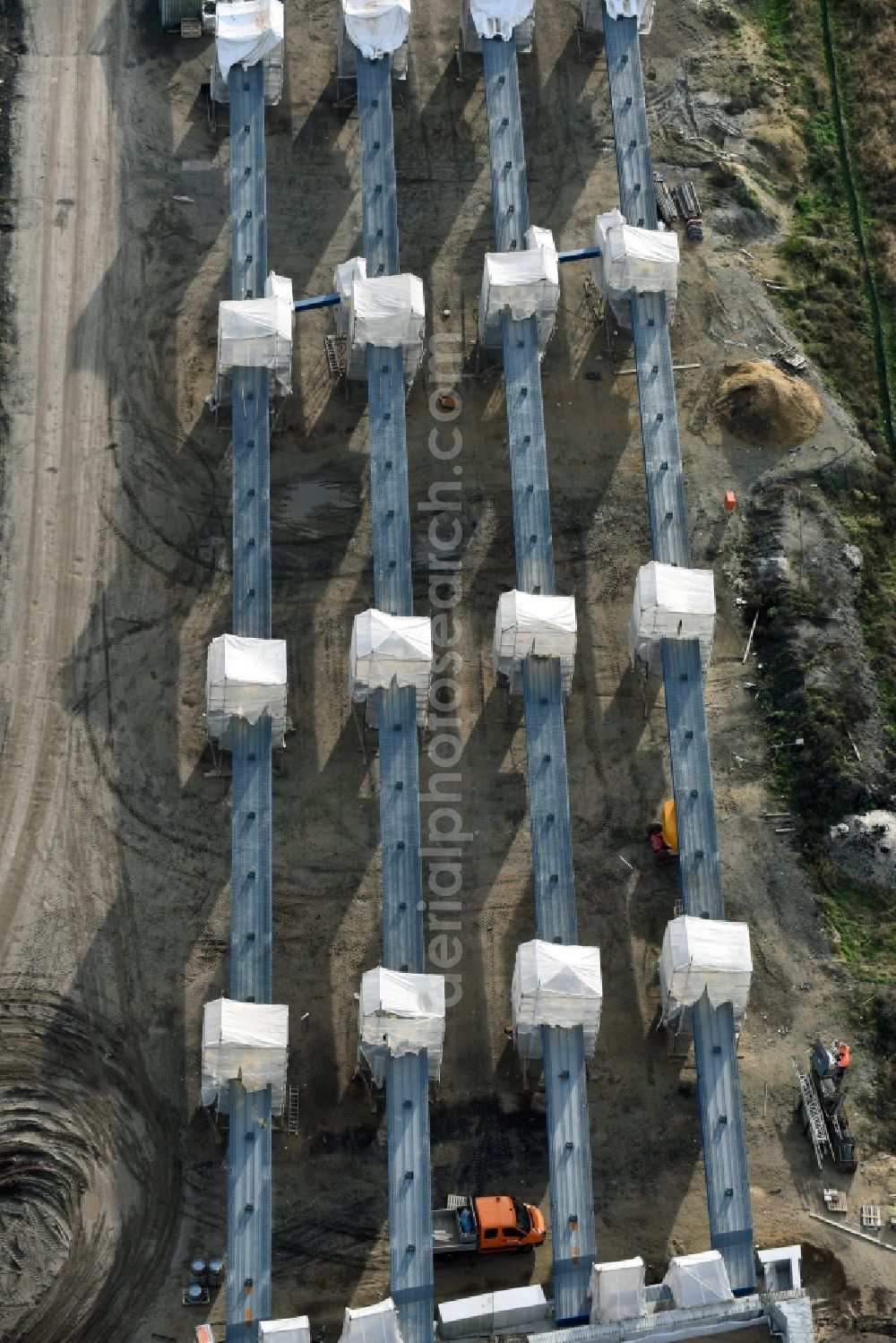 Aerial photograph Grabow - Highway- Construction site with earthworks along the route and of the route of the highway bridge Eldebruecke on federal- motorway BAB A14 in Fresenbruegge in the state Mecklenburg - Western Pomerania