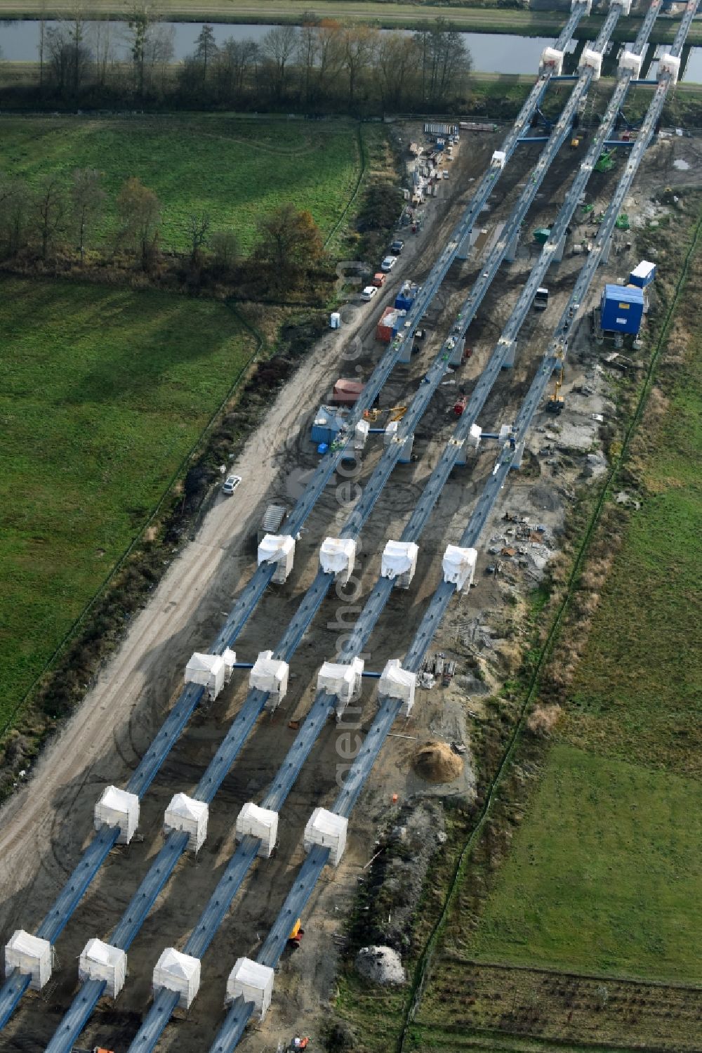 Grabow from above - Highway- Construction site with earthworks along the route and of the route of the highway bridge Eldebruecke on federal- motorway BAB A14 in Fresenbruegge in the state Mecklenburg - Western Pomerania