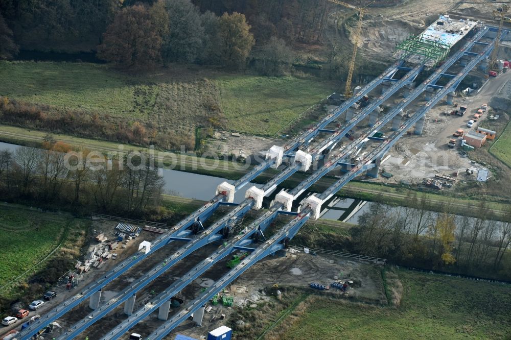 Grabow from the bird's eye view: Highway- Construction site with earthworks along the route and of the route of the highway bridge Eldebruecke on federal- motorway BAB A14 in Fresenbruegge in the state Mecklenburg - Western Pomerania