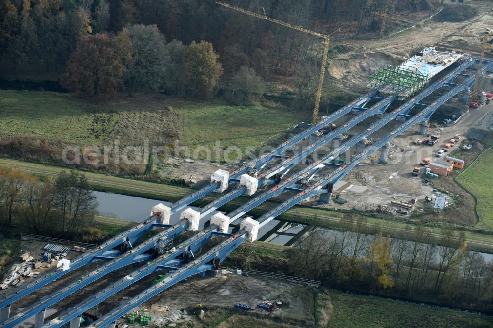 Aerial image Grabow - Highway- Construction site with earthworks along the route and of the route of the highway bridge Eldebruecke on federal- motorway BAB A14 in Fresenbruegge in the state Mecklenburg - Western Pomerania