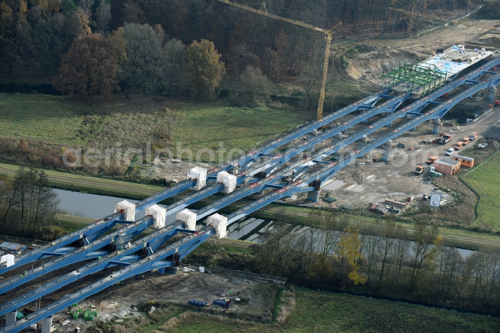 Aerial photograph Grabow - Highway- Construction site with earthworks along the route and of the route of the highway bridge Eldebruecke on federal- motorway BAB A14 in Fresenbruegge in the state Mecklenburg - Western Pomerania