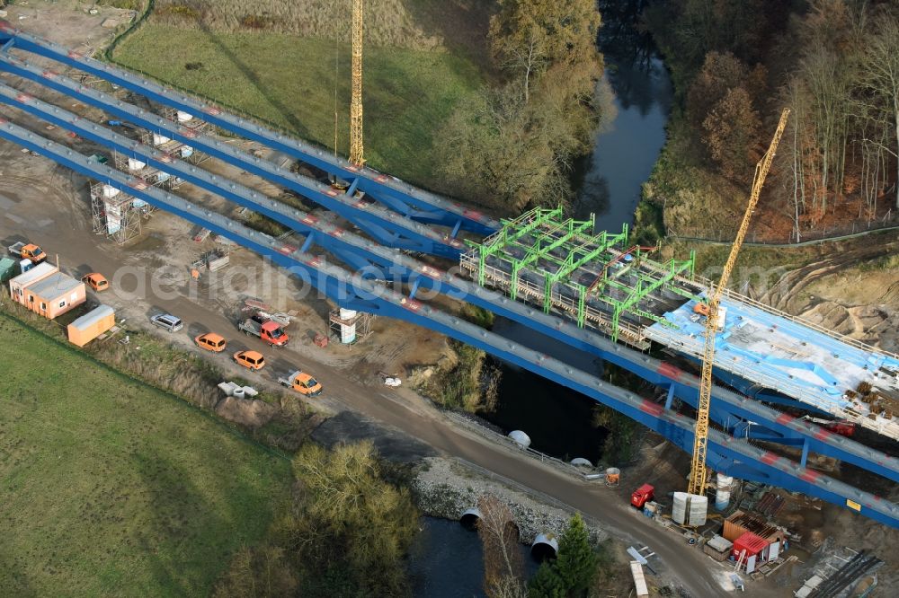 Aerial image Grabow - Highway- Construction site with earthworks along the route and of the route of the highway bridge Eldebruecke on federal- motorway BAB A14 in Fresenbruegge in the state Mecklenburg - Western Pomerania