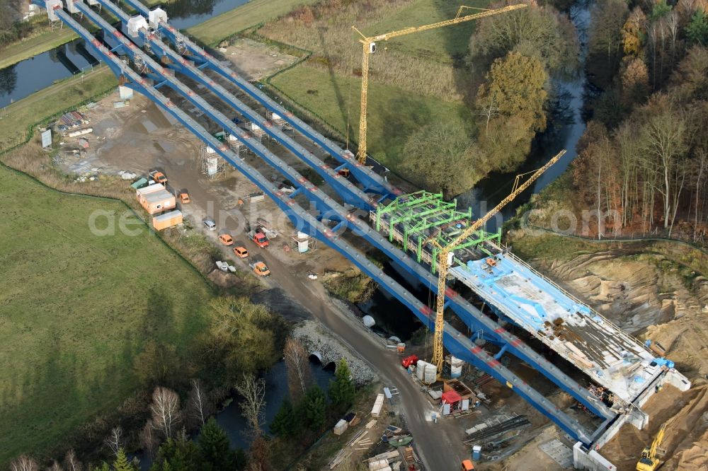 Aerial photograph Grabow - Highway- Construction site with earthworks along the route and of the route of the highway bridge Eldebruecke on federal- motorway BAB A14 in Fresenbruegge in the state Mecklenburg - Western Pomerania