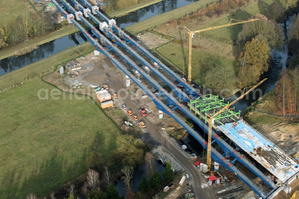 Grabow from above - Highway- Construction site with earthworks along the route and of the route of the highway bridge Eldebruecke on federal- motorway BAB A14 in Fresenbruegge in the state Mecklenburg - Western Pomerania