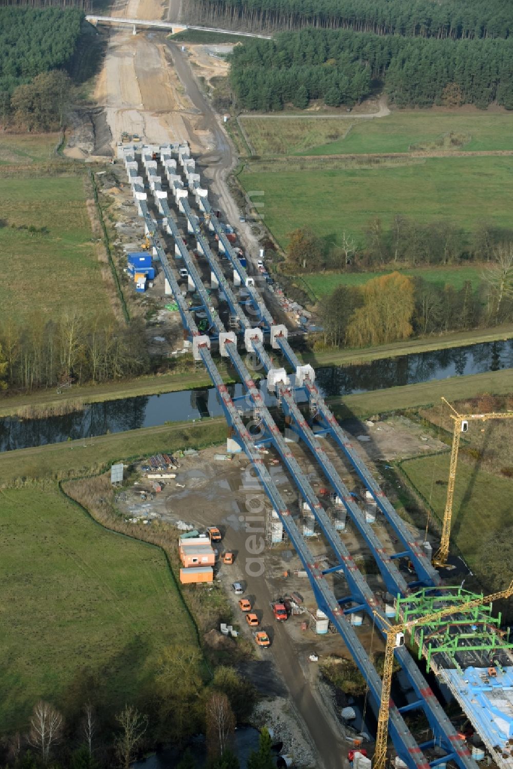 Grabow from the bird's eye view: Highway- Construction site with earthworks along the route and of the route of the highway bridge Eldebruecke on federal- motorway BAB A14 in Fresenbruegge in the state Mecklenburg - Western Pomerania