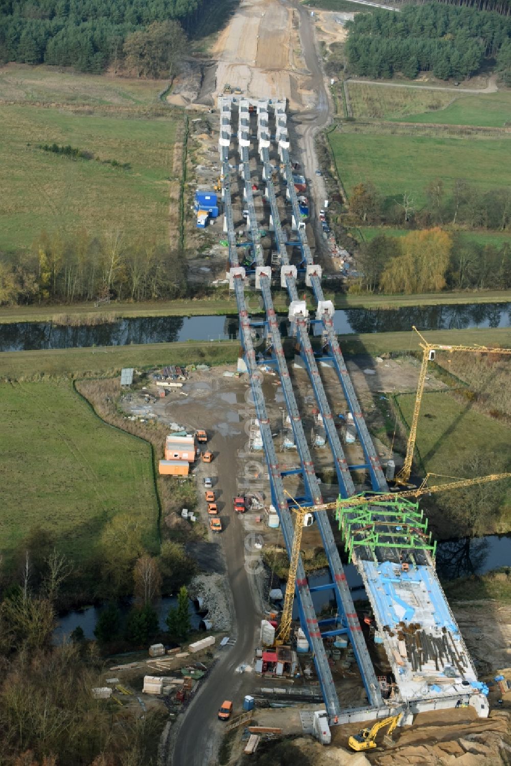 Aerial image Grabow - Highway- Construction site with earthworks along the route and of the route of the highway bridge Eldebruecke on federal- motorway BAB A14 in Fresenbruegge in the state Mecklenburg - Western Pomerania