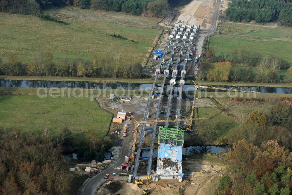 Grabow from above - Highway- Construction site with earthworks along the route and of the route of the highway bridge Eldebruecke on federal- motorway BAB A14 in Fresenbruegge in the state Mecklenburg - Western Pomerania