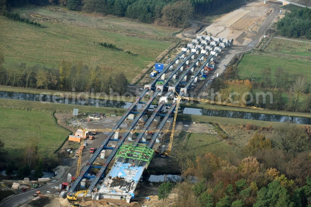 Aerial image Grabow - Highway- Construction site with earthworks along the route and of the route of the highway bridge Eldebruecke on federal- motorway BAB A14 in Fresenbruegge in the state Mecklenburg - Western Pomerania