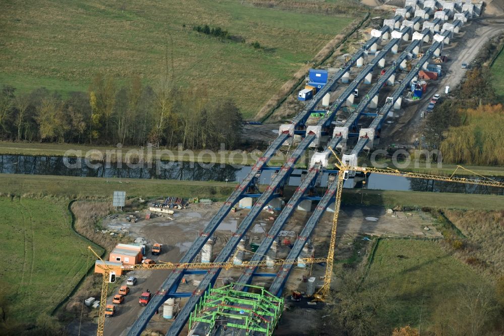 Grabow from above - Highway- Construction site with earthworks along the route and of the route of the highway bridge Eldebruecke on federal- motorway BAB A14 in Fresenbruegge in the state Mecklenburg - Western Pomerania