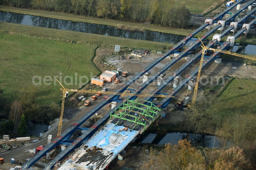 Grabow from the bird's eye view: Highway- Construction site with earthworks along the route and of the route of the highway bridge Eldebruecke on federal- motorway BAB A14 in Fresenbruegge in the state Mecklenburg - Western Pomerania