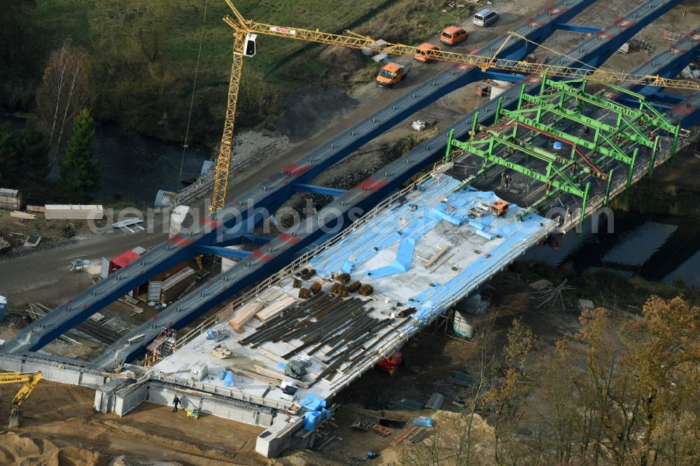 Aerial image Grabow - Highway- Construction site with earthworks along the route and of the route of the highway bridge Eldebruecke on federal- motorway BAB A14 in Fresenbruegge in the state Mecklenburg - Western Pomerania