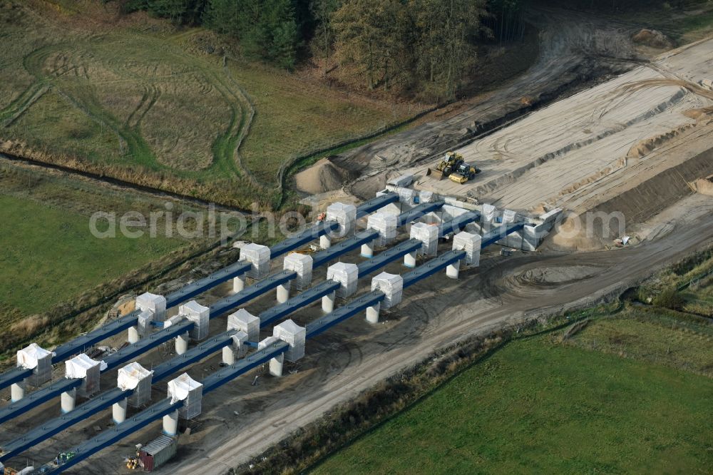 Grabow from above - Highway- Construction site with earthworks along the route and of the route of the highway bridge Eldebruecke on federal- motorway BAB A14 in Fresenbruegge in the state Mecklenburg - Western Pomerania