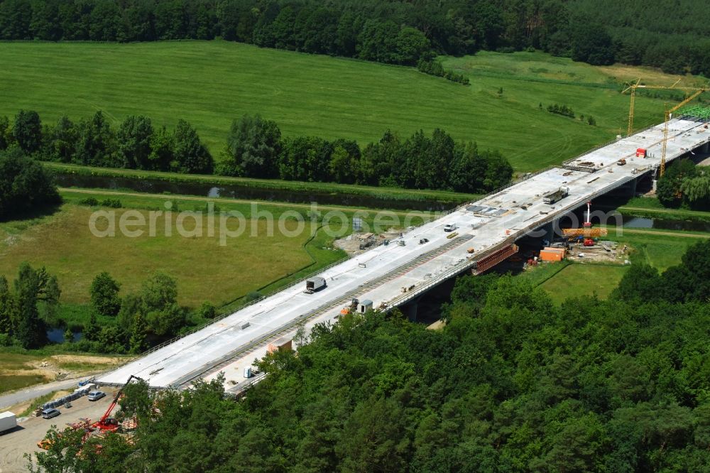 Grabow from above - Highway- Construction site with earthworks along the route and of the route of the highway bridge Eldebruecke on federal- motorway BAB A14 in Fresenbruegge in the state Mecklenburg - Western Pomerania