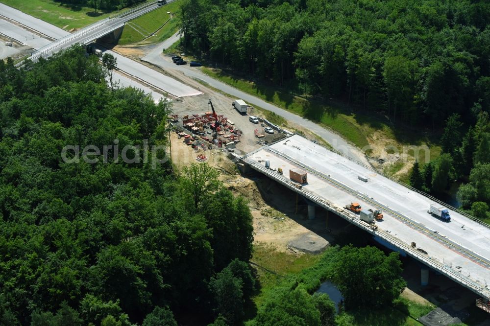 Aerial image Grabow - Highway- Construction site with earthworks along the route and of the route of the highway bridge Eldebruecke on federal- motorway BAB A14 in Fresenbruegge in the state Mecklenburg - Western Pomerania