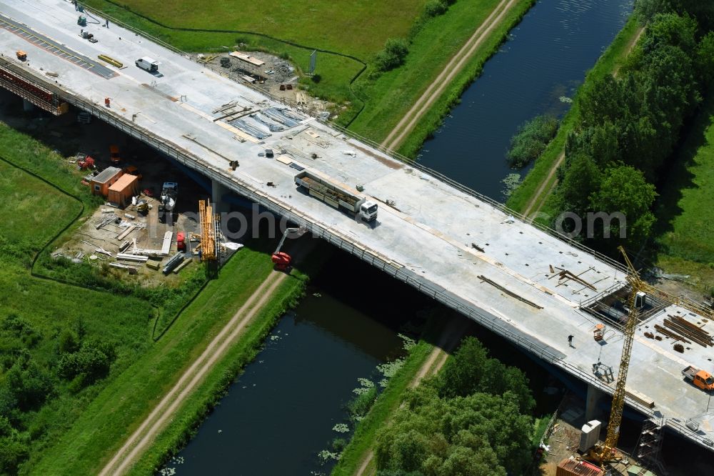 Aerial photograph Grabow - Highway- Construction site with earthworks along the route and of the route of the highway bridge Eldebruecke on federal- motorway BAB A14 in Fresenbruegge in the state Mecklenburg - Western Pomerania