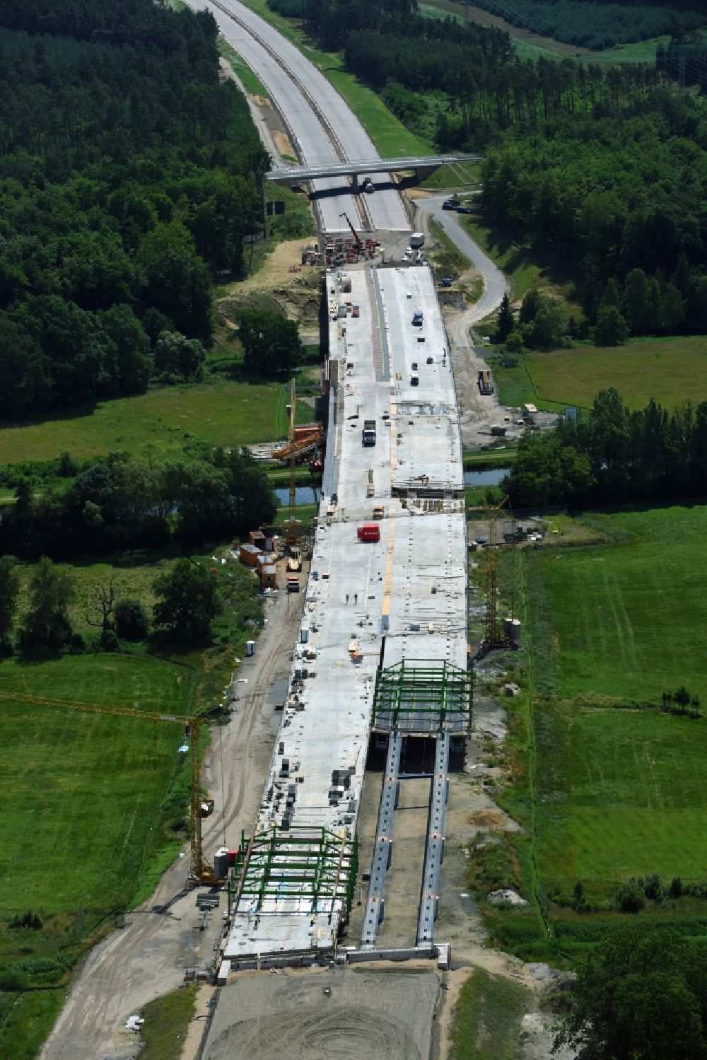 Aerial photograph Grabow - Highway- Construction site with earthworks along the route and of the route of the highway bridge Eldebruecke on federal- motorway BAB A14 in Fresenbruegge in the state Mecklenburg - Western Pomerania