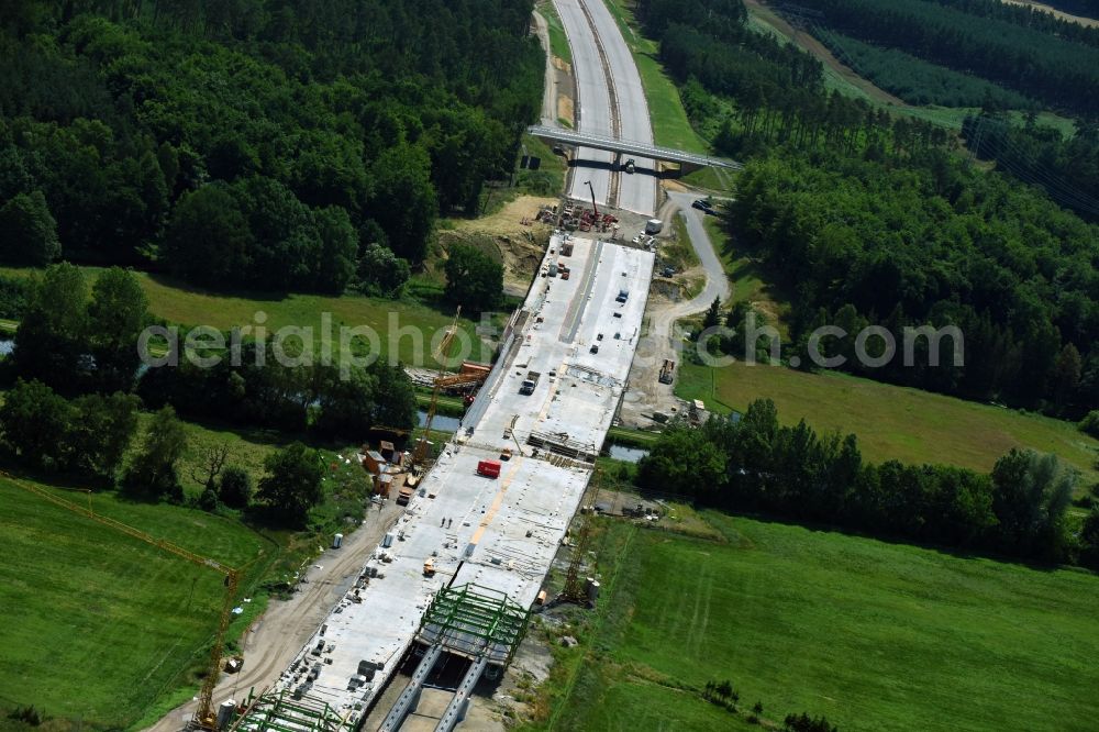 Grabow from above - Highway- Construction site with earthworks along the route and of the route of the highway bridge Eldebruecke on federal- motorway BAB A14 in Fresenbruegge in the state Mecklenburg - Western Pomerania