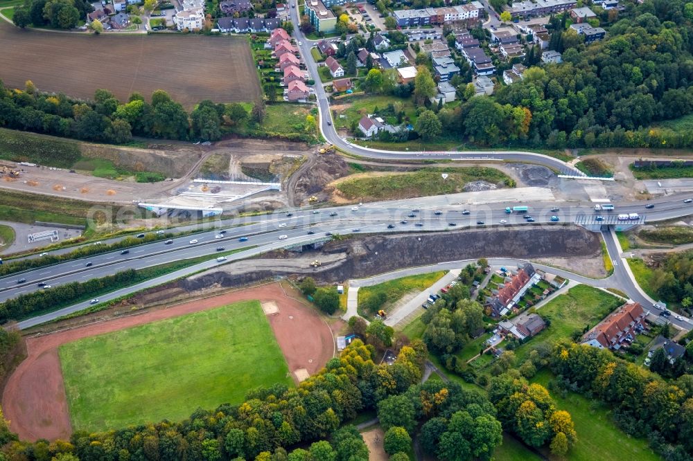 Aerial photograph Bochum - Highway- Construction site with earthworks along the route and of the route of the highway of A448 and of Nordring in Bochum in the state North Rhine-Westphalia, Germany