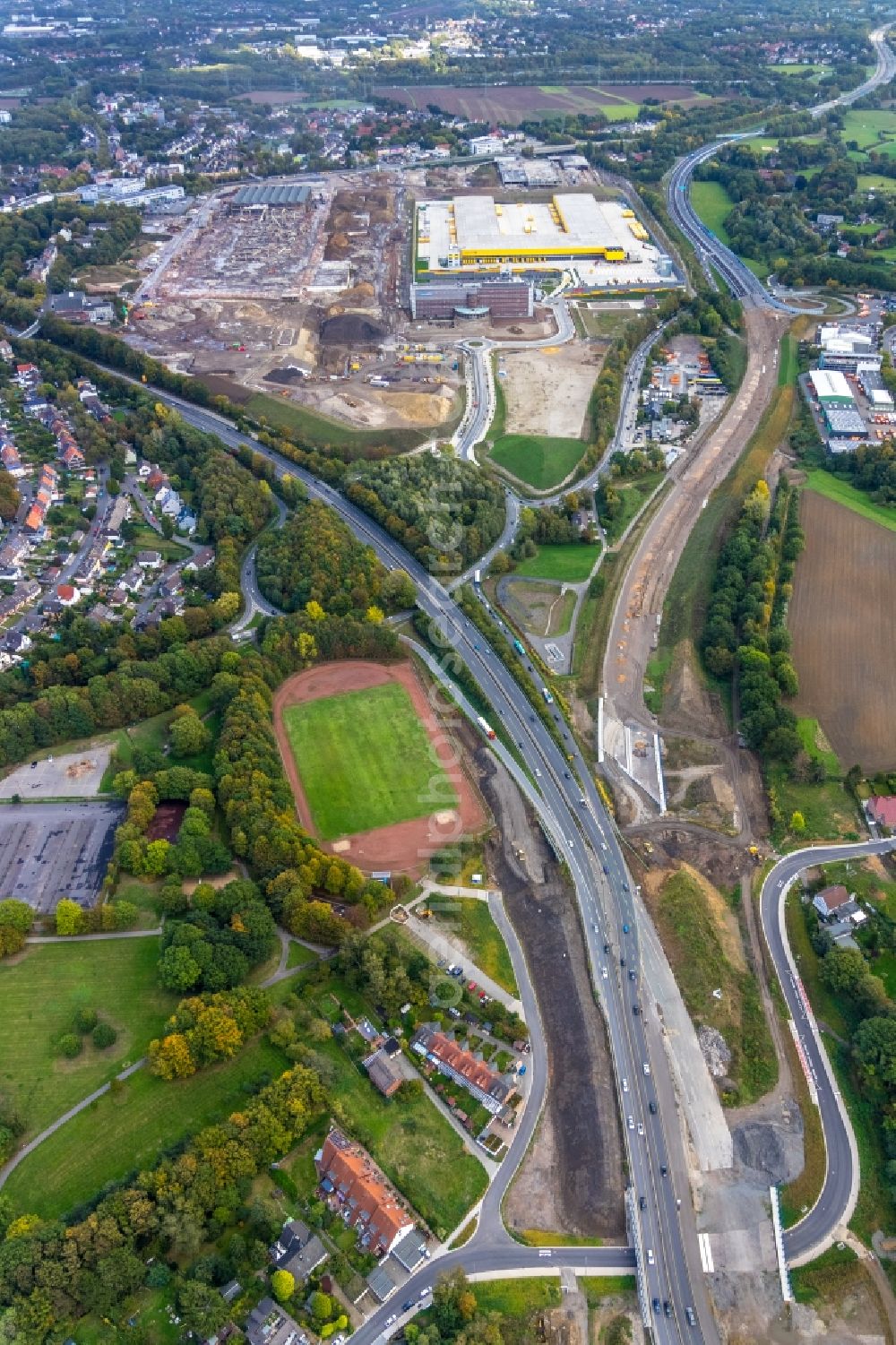 Bochum from above - Highway- Construction site with earthworks along the route and of the route of the highway of A448 and of Nordring in Bochum in the state North Rhine-Westphalia, Germany