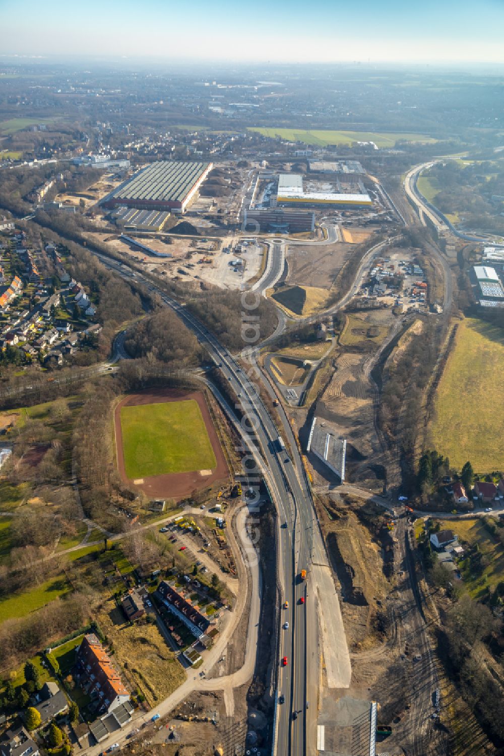 Aerial photograph Bochum - Highway- Construction site with earthworks along the route and of the route of the highway of A448 and of Nordring in Bochum in the state North Rhine-Westphalia, Germany