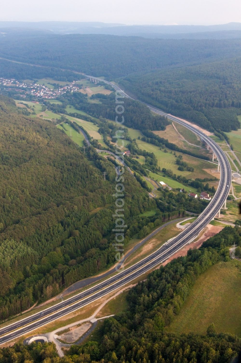 Riedenberg from the bird's eye view: Highway- Construction site with earthworks along the route and of the route of the highway of A7 in Riedenberg in the state Bavaria, Germany