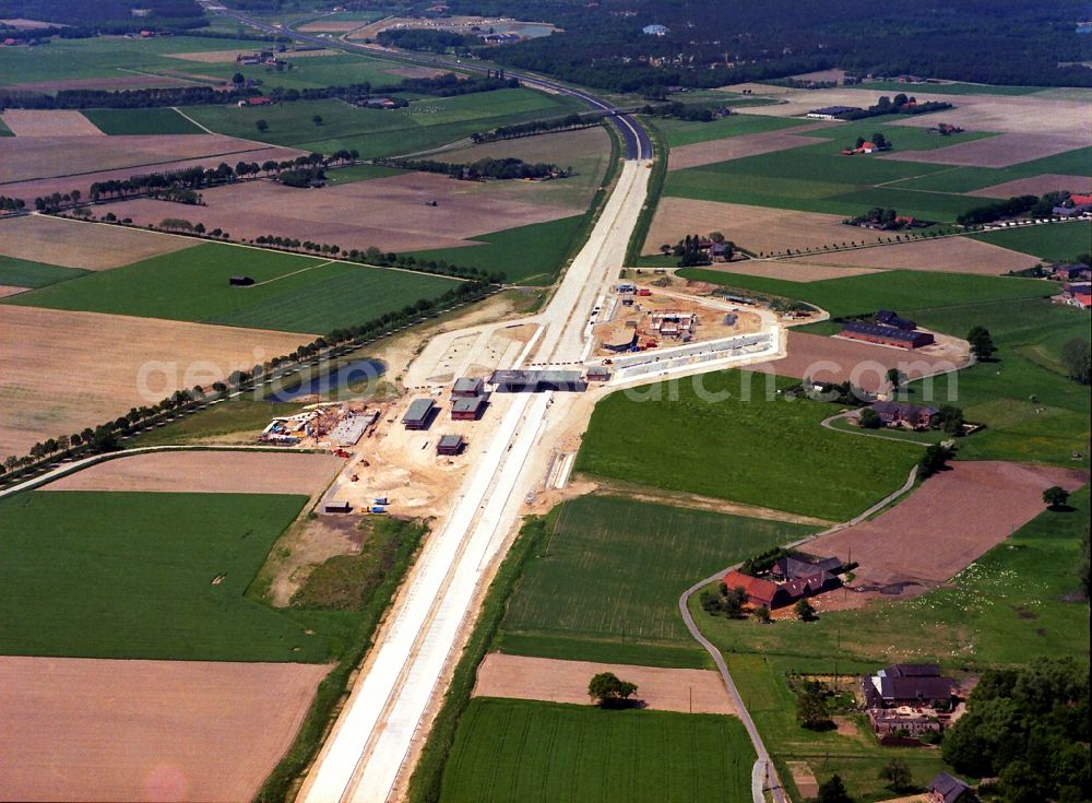 Goch from above - Highway- Construction site with earthworks along the route and of the route of the highway A57 -A77 on border line in Goch in the state North Rhine-Westphalia