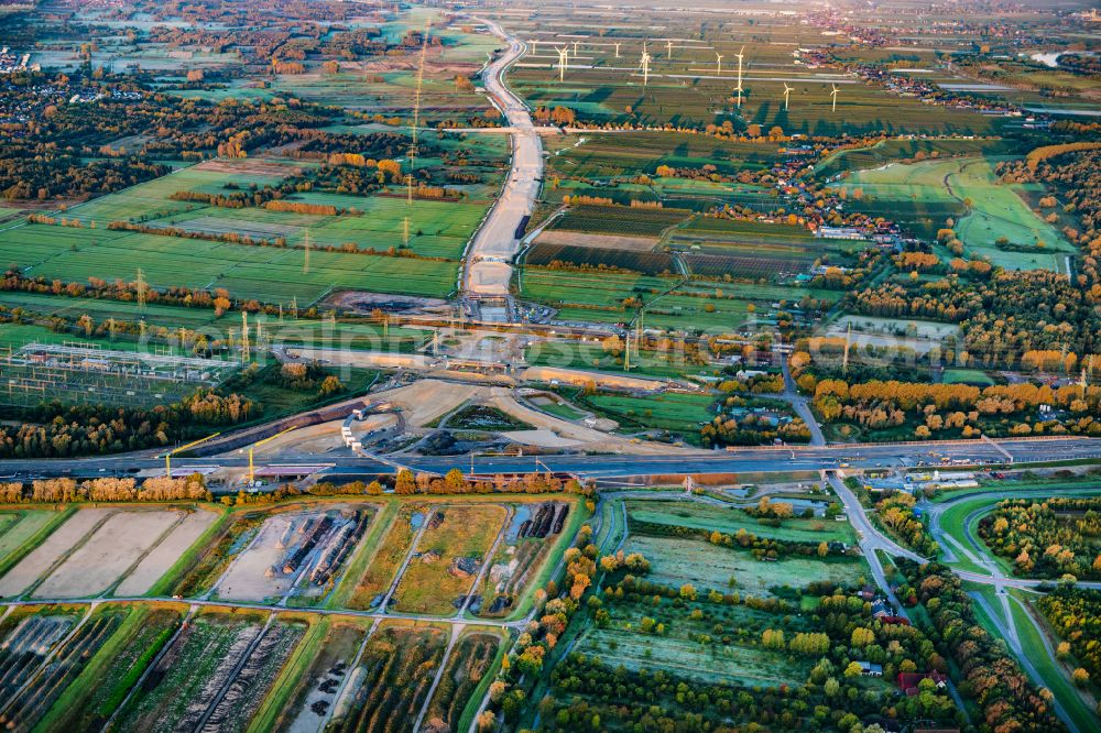 Aerial image Hamburg - Motorway- Construction site with earthworks along the route and of the route of the highway der A26 West on street E45 in the district Moorburg in Hamburg, Germany