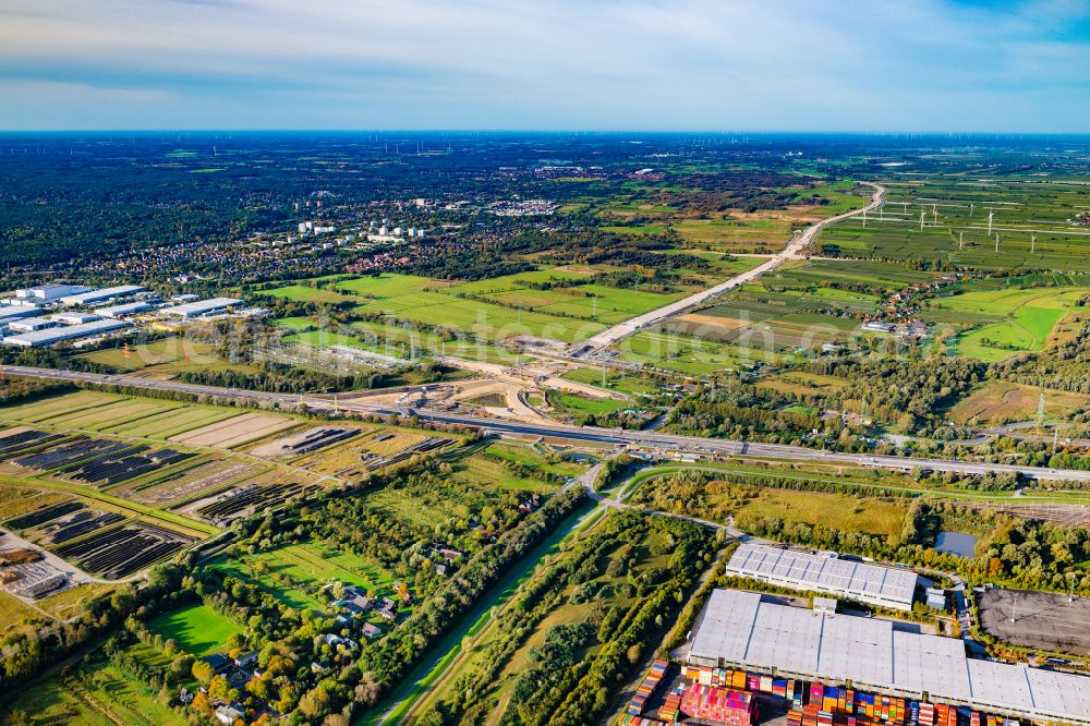 Hamburg from above - Motorway- Construction site with earthworks along the route and of the route of the highway der A26 West on street E45 in the district Moorburg in Hamburg, Germany