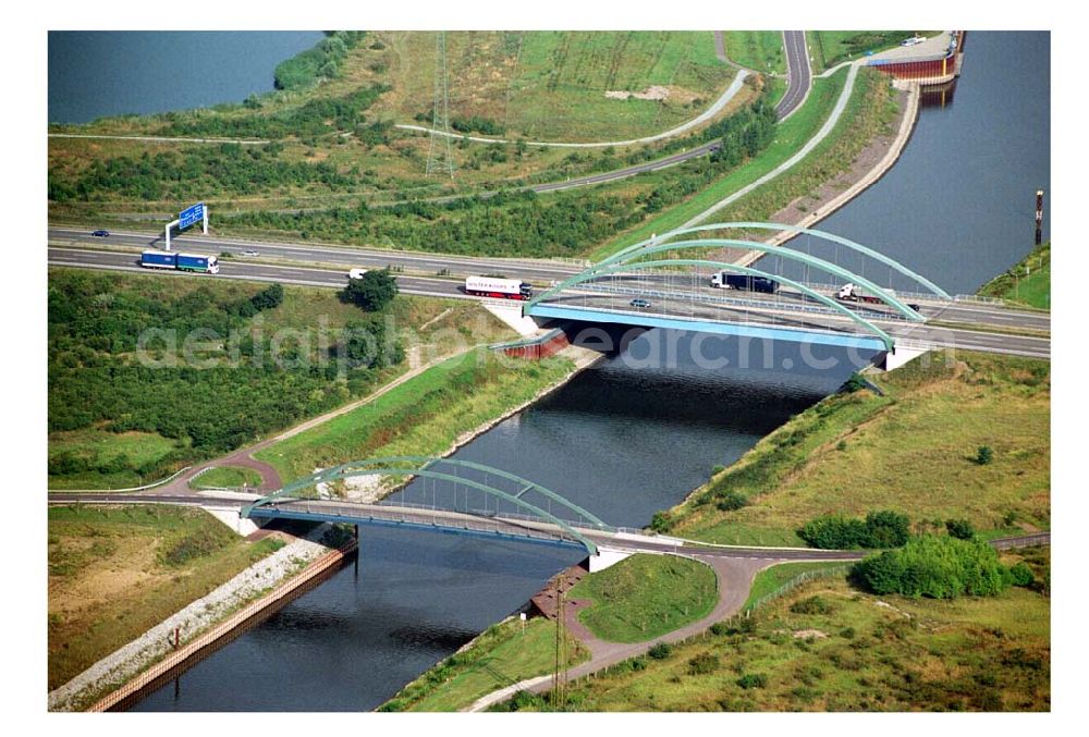 Magdeburg - Rothensee from the bird's eye view: 18.08.2005 Magdeburg Blick auf die Autobahnbrücke am Wasserstraßenkreuz über den Elbe-Abstiegskanal, ein Projekt der Schälerbau GmbH