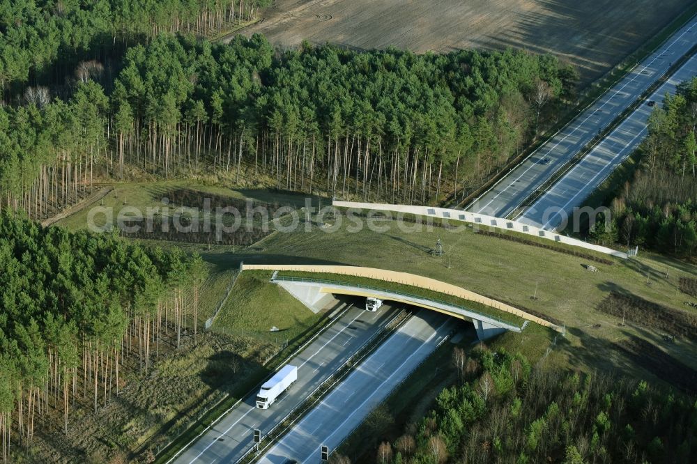 Aerial photograph Briesen (Mark) - Highway bridge structure applied as a wildlife crossing bridge Wild - Wild swap the BAB A 12 in Briesen (Mark) in the state Brandenburg