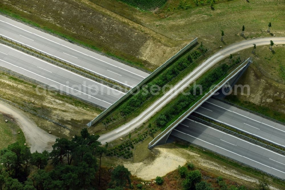 Garlin from the bird's eye view: Highway bridge structure applied as a wildlife crossing bridge Wild - Wild swap the BAB A 14 in Garlin in the state Brandenburg, Germany