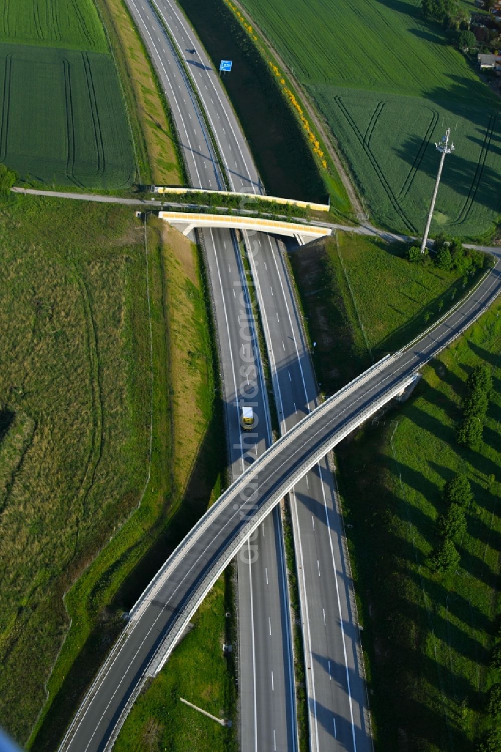 Aerial image Groß Warnow - Highway bridge structure applied as a wildlife crossing bridge Wild - Wild swap the BAB A 14 in Gross Warnow in the state Brandenburg, Germany