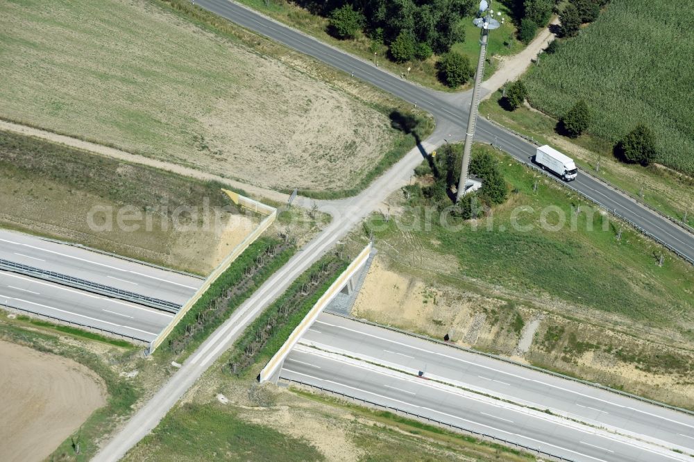 Aerial photograph Karstädt - Highway bridge structure applied as a wildlife crossing bridge Wild - Wild swap the BAB A 14 in Karstaedt in the state Brandenburg