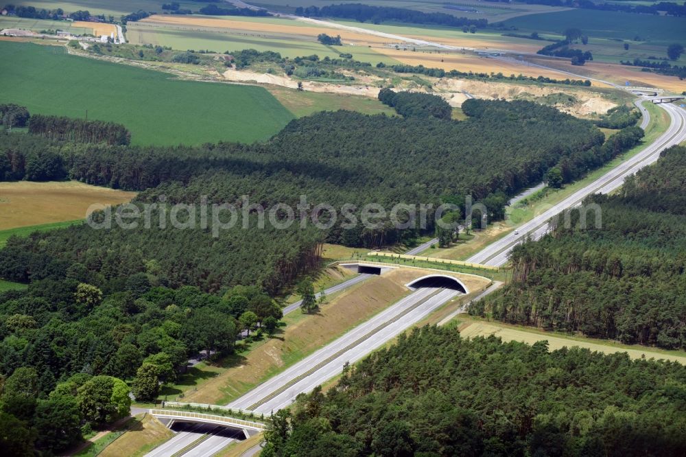 Karstädt from above - Highway bridge structure applied as a wildlife crossing bridge Wild - Wild swap the BAB A 14 in Karstaedt in the state Brandenburg, Germany