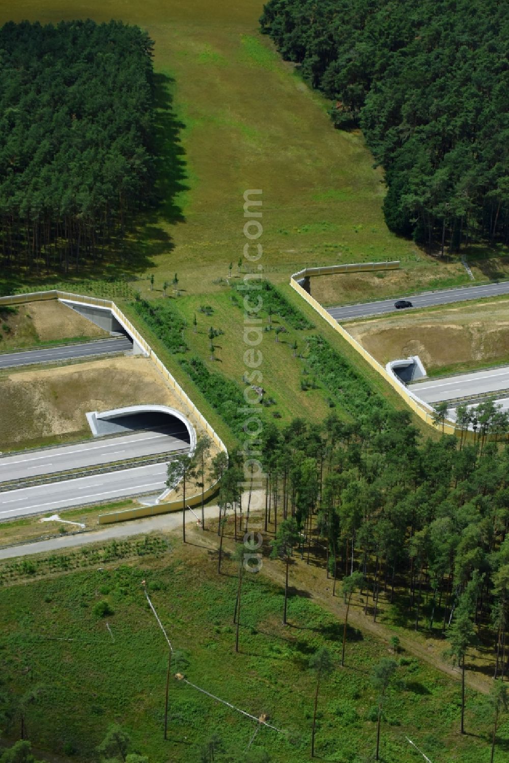 Karstädt from the bird's eye view: Highway bridge structure applied as a wildlife crossing bridge Wild - Wild swap the BAB A 14 in Karstaedt in the state Brandenburg, Germany