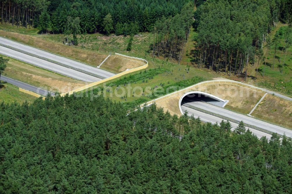 Karstädt from above - Highway bridge structure applied as a wildlife crossing bridge Wild - Wild swap the BAB A 14 in Karstaedt in the state Brandenburg, Germany