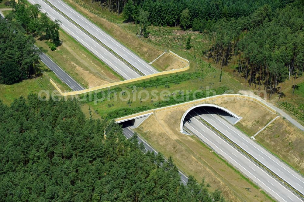 Aerial image Karstädt - Highway bridge structure applied as a wildlife crossing bridge Wild - Wild swap the BAB A 14 in Karstaedt in the state Brandenburg, Germany