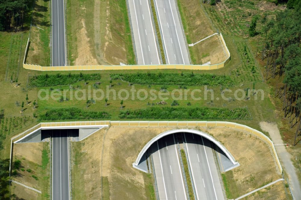 Karstädt from above - Highway bridge structure applied as a wildlife crossing bridge Wild - Wild swap the BAB A 14 in Karstaedt in the state Brandenburg, Germany