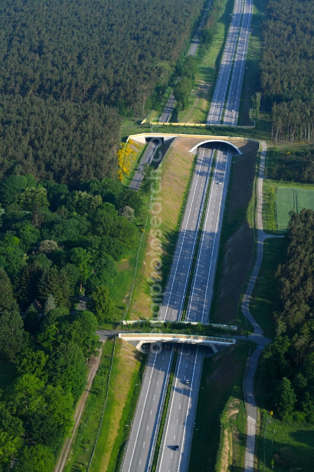 Karstädt from above - Highway bridge structure applied as a wildlife crossing bridge Wild - Wild swap the BAB A 14 in Karstaedt in the state Brandenburg, Germany