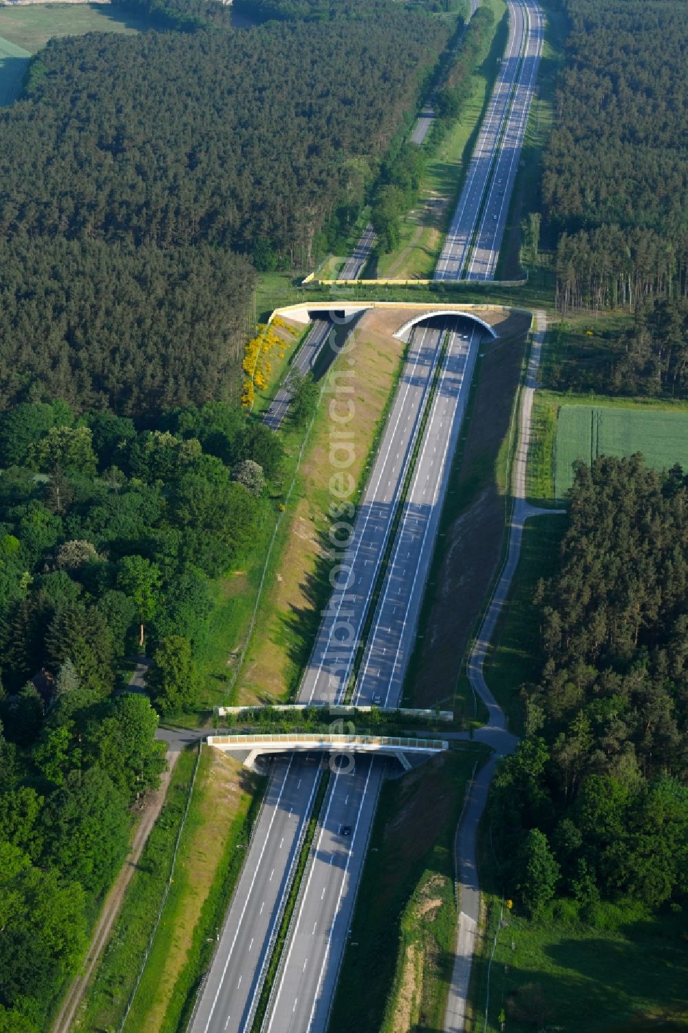 Aerial image Karstädt - Highway bridge structure applied as a wildlife crossing bridge Wild - Wild swap the BAB A 14 in Karstaedt in the state Brandenburg, Germany