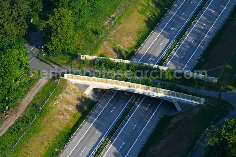 Aerial photograph Karstädt - Highway bridge structure applied as a wildlife crossing bridge Wild - Wild swap the BAB A 14 in Karstaedt in the state Brandenburg, Germany