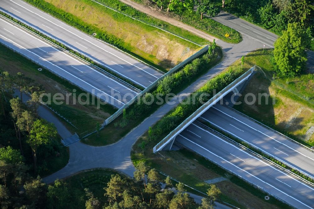 Aerial photograph Karstädt - Highway bridge structure applied as a wildlife crossing bridge Wild - Wild swap the BAB A 14 in Karstaedt in the state Brandenburg, Germany