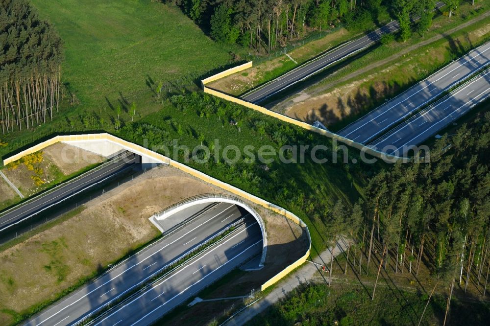 Karstädt from above - Highway bridge structure applied as a wildlife crossing bridge Wild - Wild swap the BAB A 14 in Karstaedt in the state Brandenburg, Germany