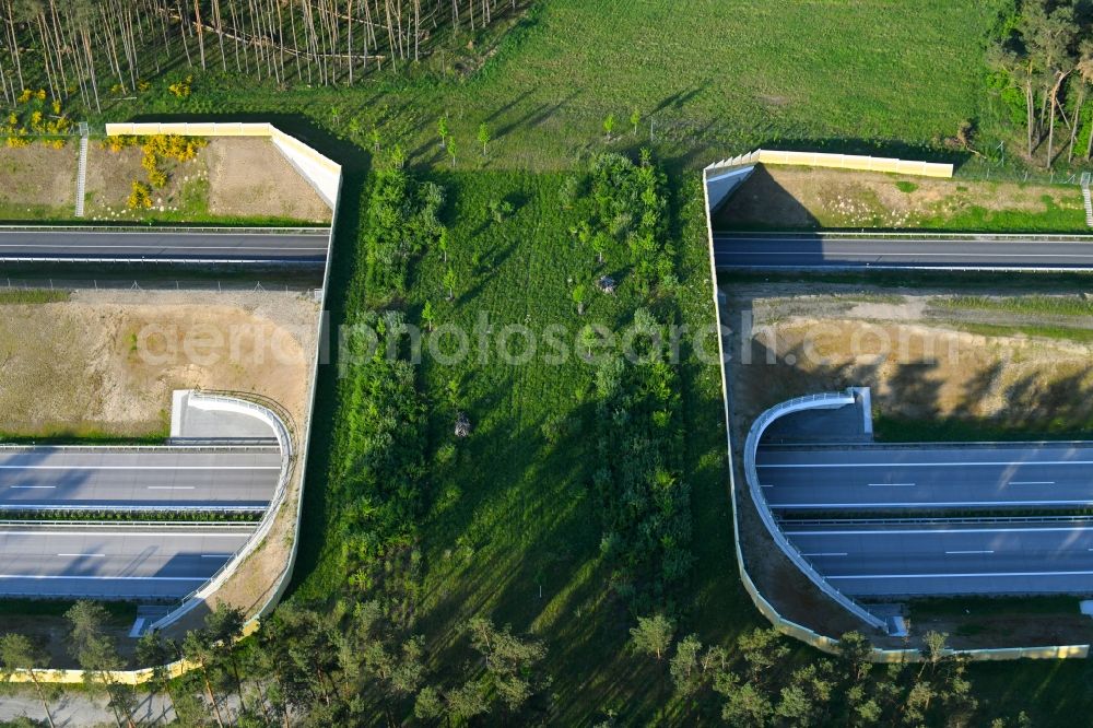 Aerial image Karstädt - Highway bridge structure applied as a wildlife crossing bridge Wild - Wild swap the BAB A 14 in Karstaedt in the state Brandenburg, Germany